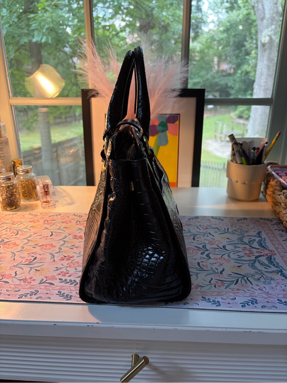 Brahmin Black Croc-Embossed Satchel with Gold Hardware - Picture 3 of 7